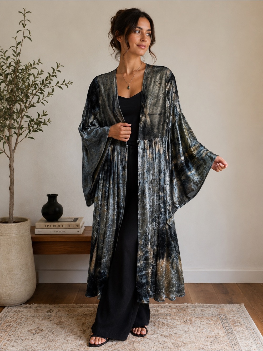 Velvet Metallic Long Kimono Robe with bell sleeves - Slate Green/Charcoal